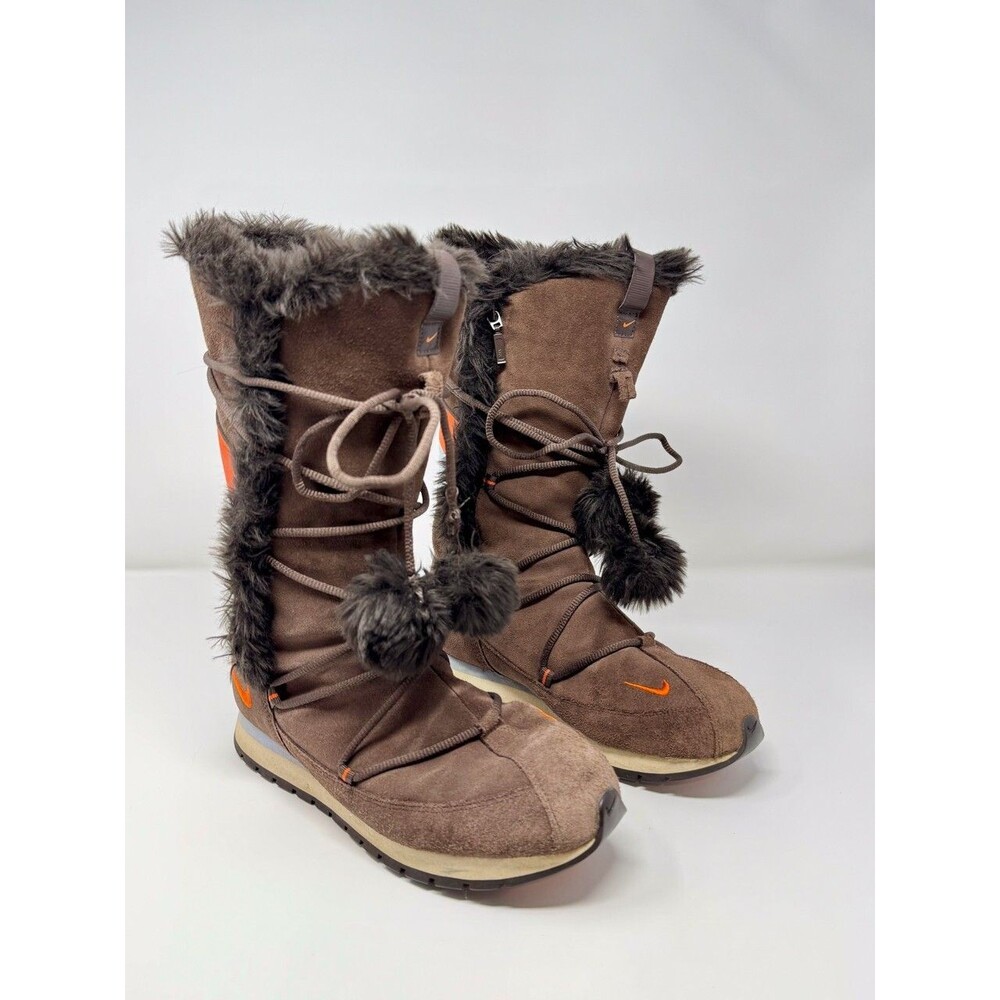Nike Womens Boots Brown Suede Faux Fur Mid Calf Fur Trim Lace Up Winter US 8.5